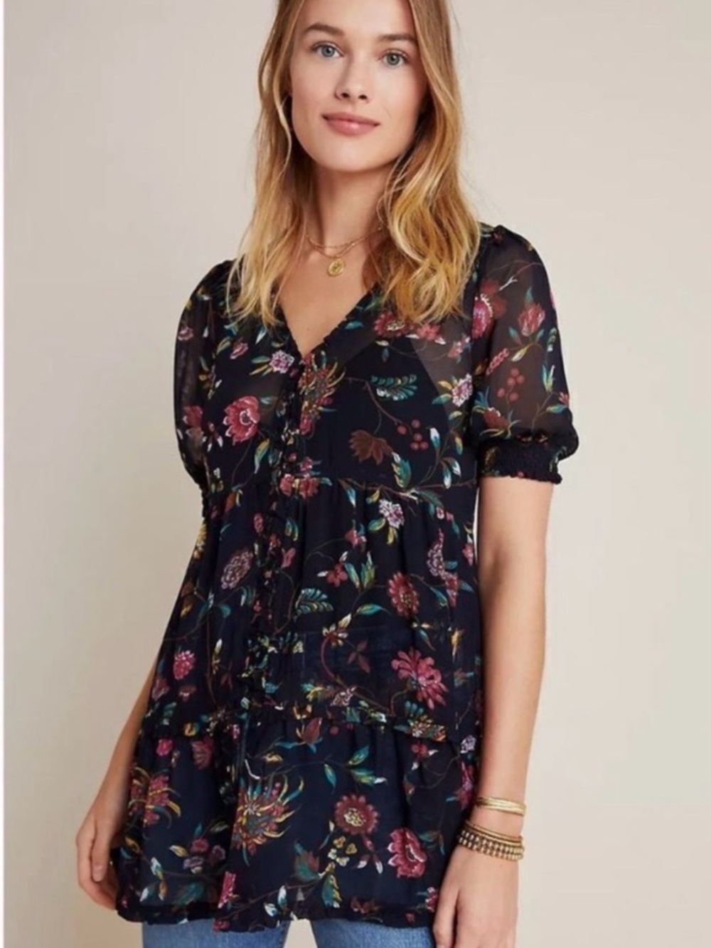 Anthropologie Floral Sheer Puff Sleeve Tunic Top - Navy